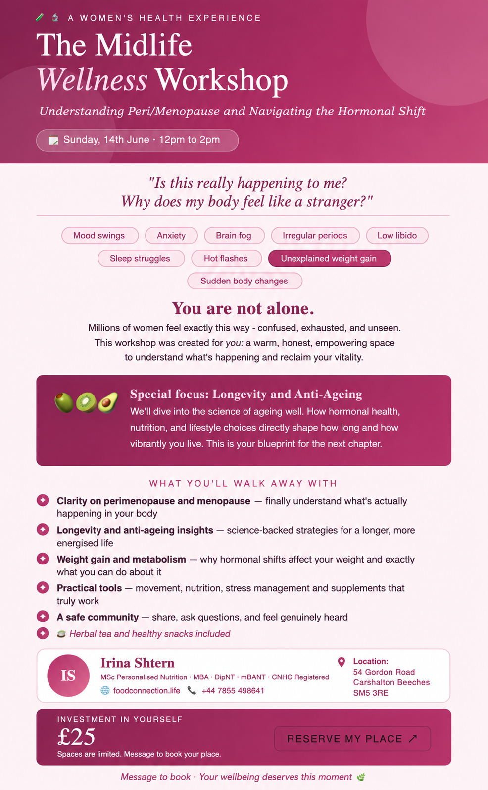 The Midlife Wellness Workshop flyer: understanding peri/menopause and the hormonal shift. Sunday 14 June, 12pm to 2pm. £25. 54 Gordon Road, Carshalton Beeches, SM5 3RE. Host: Irina Shtern, MSc Personalised Nutrition. Button: Reserve my place.